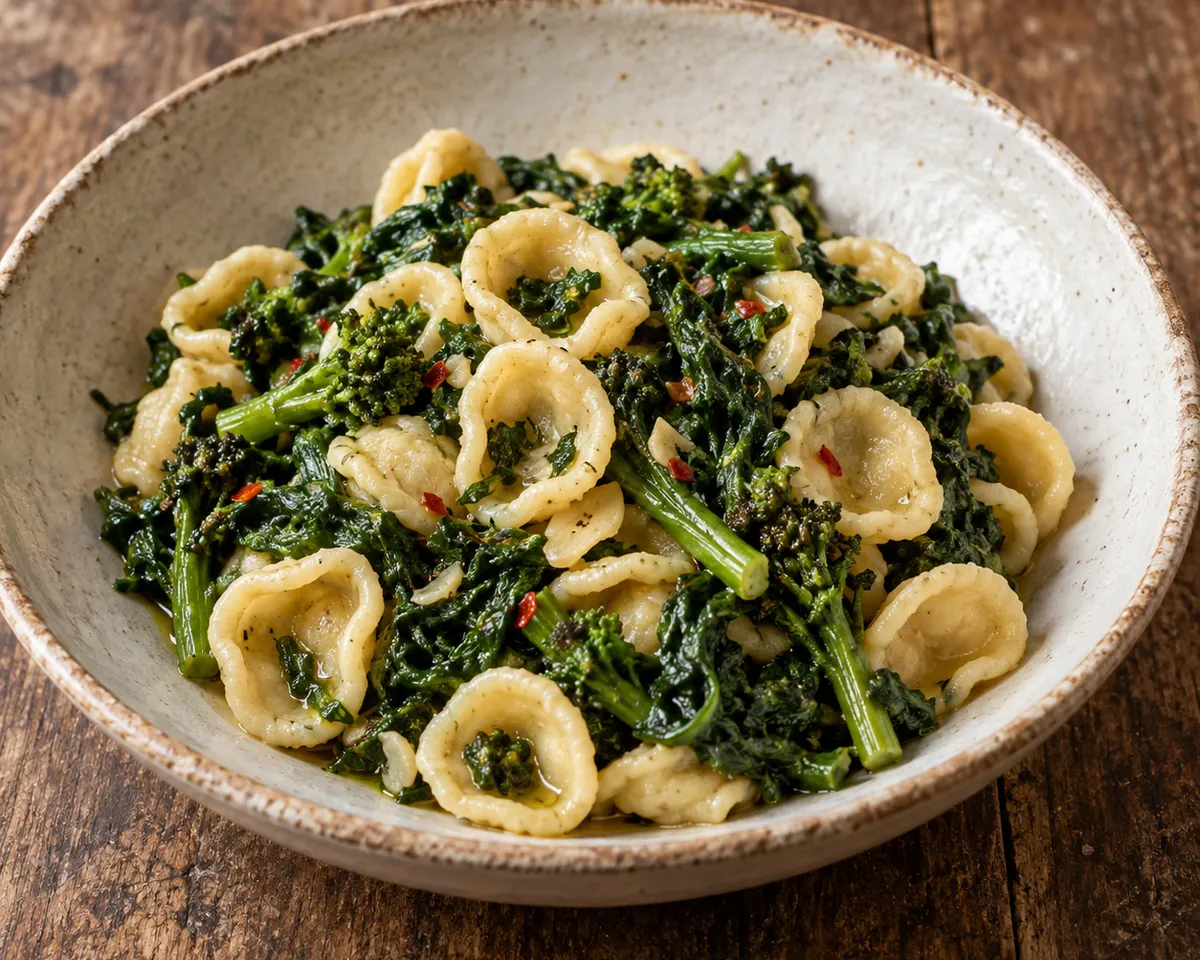 Handmade orecchiette tossed with cooked cime di rapa and olive oil in a shallow bowl.