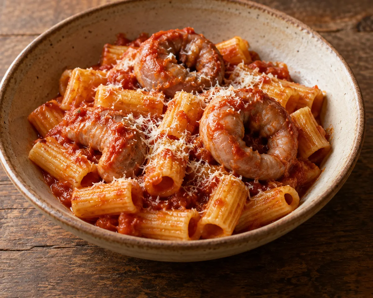 Rigatoni and intact pajata rings in tomato sauce, sprinkled with grated Pecorino Romano.