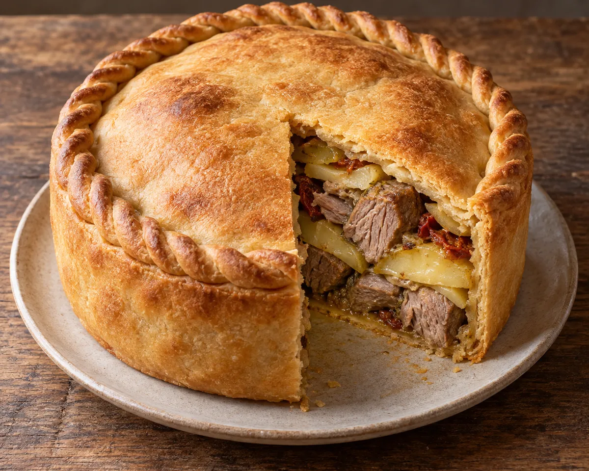 Tall golden Sardinian pastry pie with a cut wedge revealing cooked lamb and potatoes.