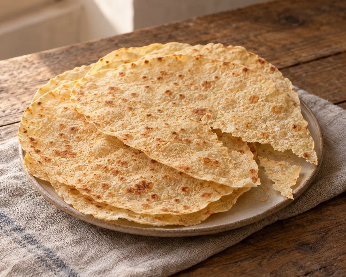 Overlapping paper-thin rounds of pane carasau, one broken to show its crisp, blistered texture.