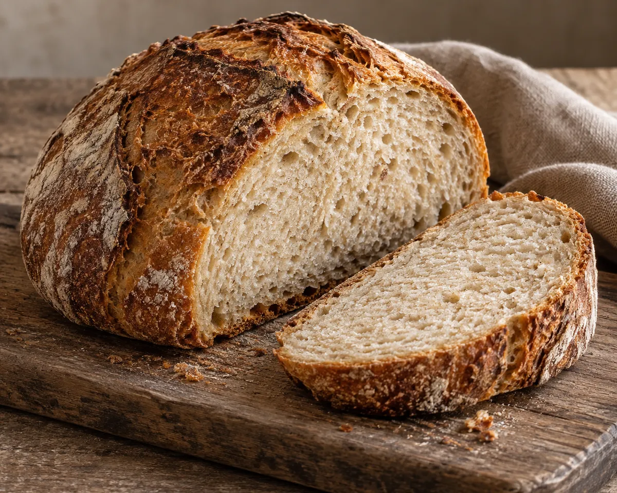 A rustic round loaf with an amber crust and a cut slice showing a close pale crumb.