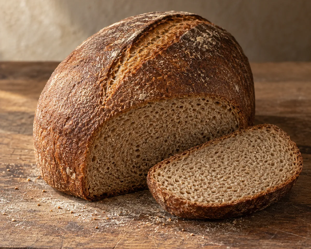 Pane di solina: a dark-crusted oval loaf with a cut slice showing its fine brown crumb.