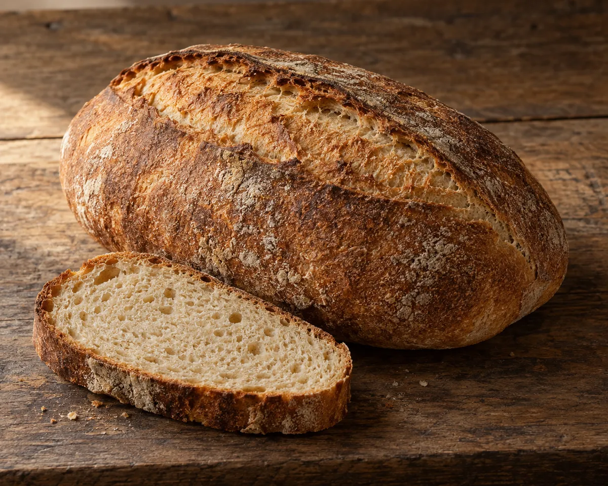 Rustic unsalted loaf with a scored brown crust and slices showing a close pale crumb.