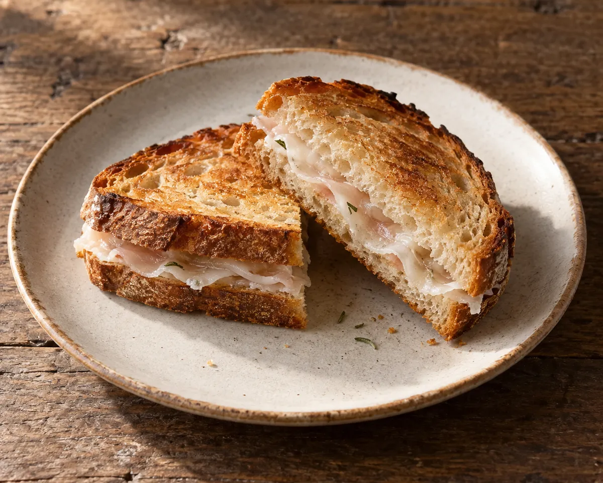 A toasted country-bread sandwich cut in two, with thin overlapping slices of softened Colonnata lardo.