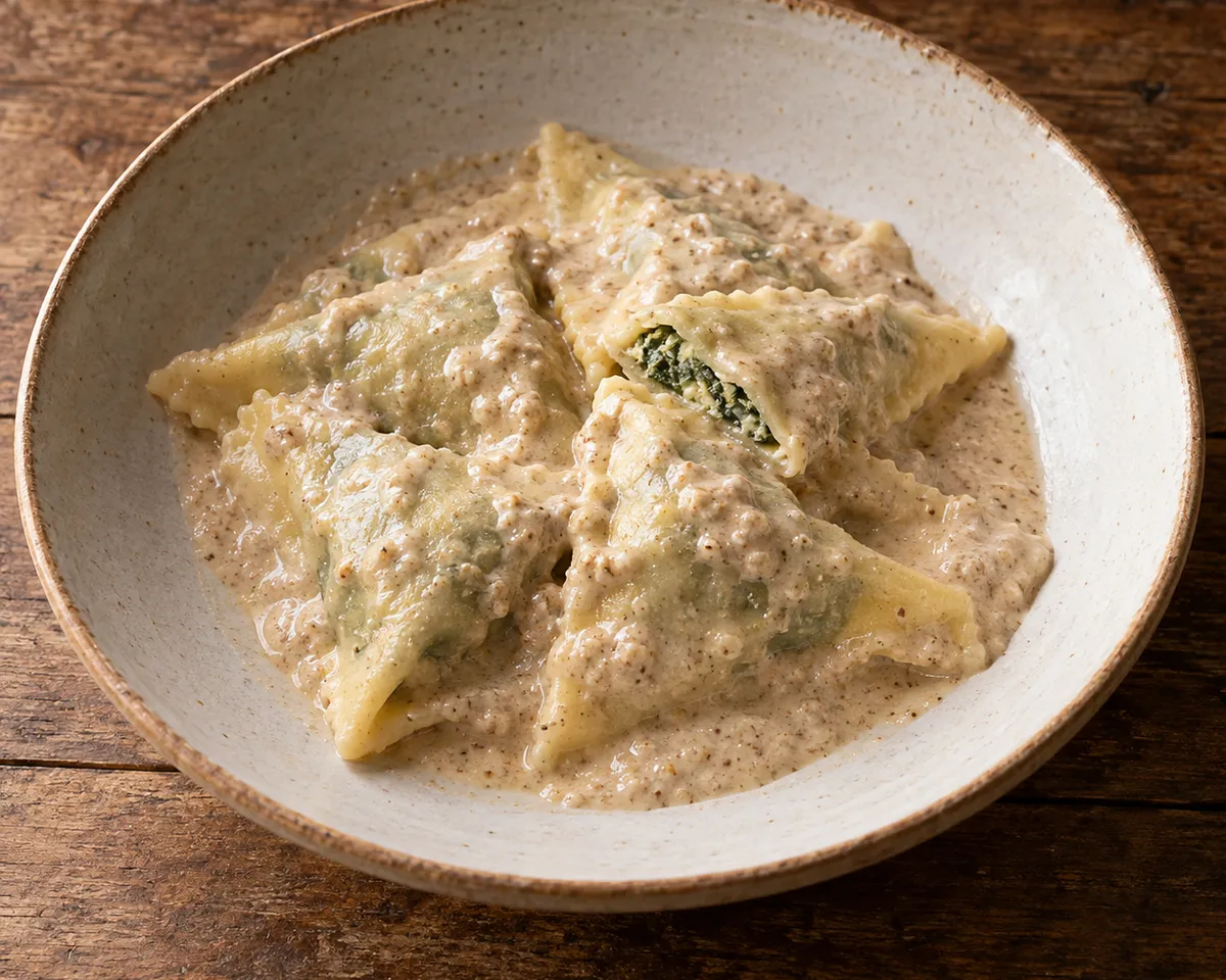Triangular herb-filled pansoti coated in pale walnut sauce, with one cut parcel showing its green filling.
