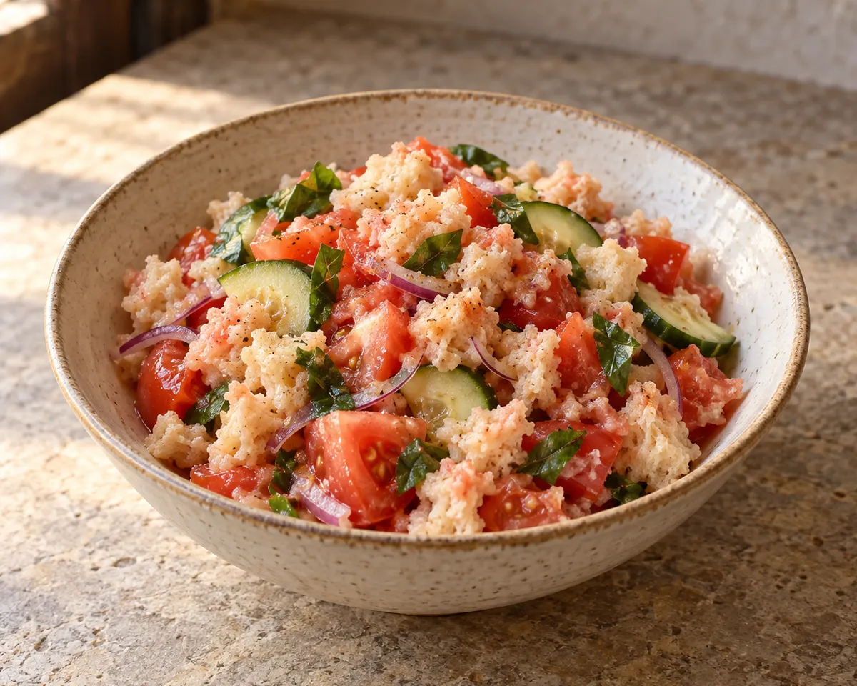 Softened bread with tomatoes, cucumber, red onion and torn basil in a juicy salad.