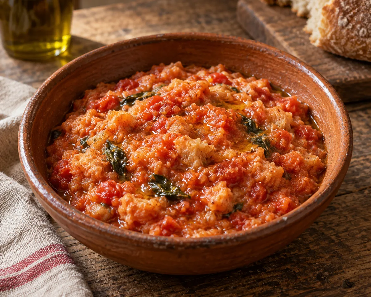 Tomato-red pappa al pomodoro with softened bread and basil in an earthenware bowl.