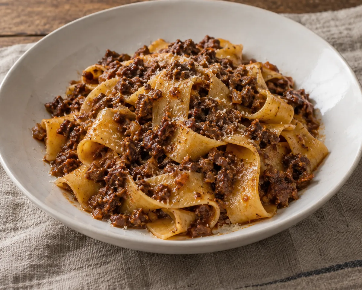 Wide pappardelle ribbons with finely chopped wild-boar ragù and a light pecorino finish.