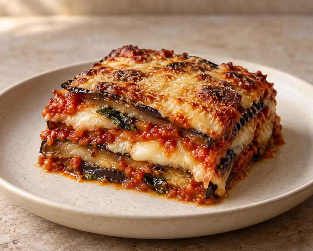 A square of parmigiana with visible eggplant, tomato and cheese layers and a browned top.