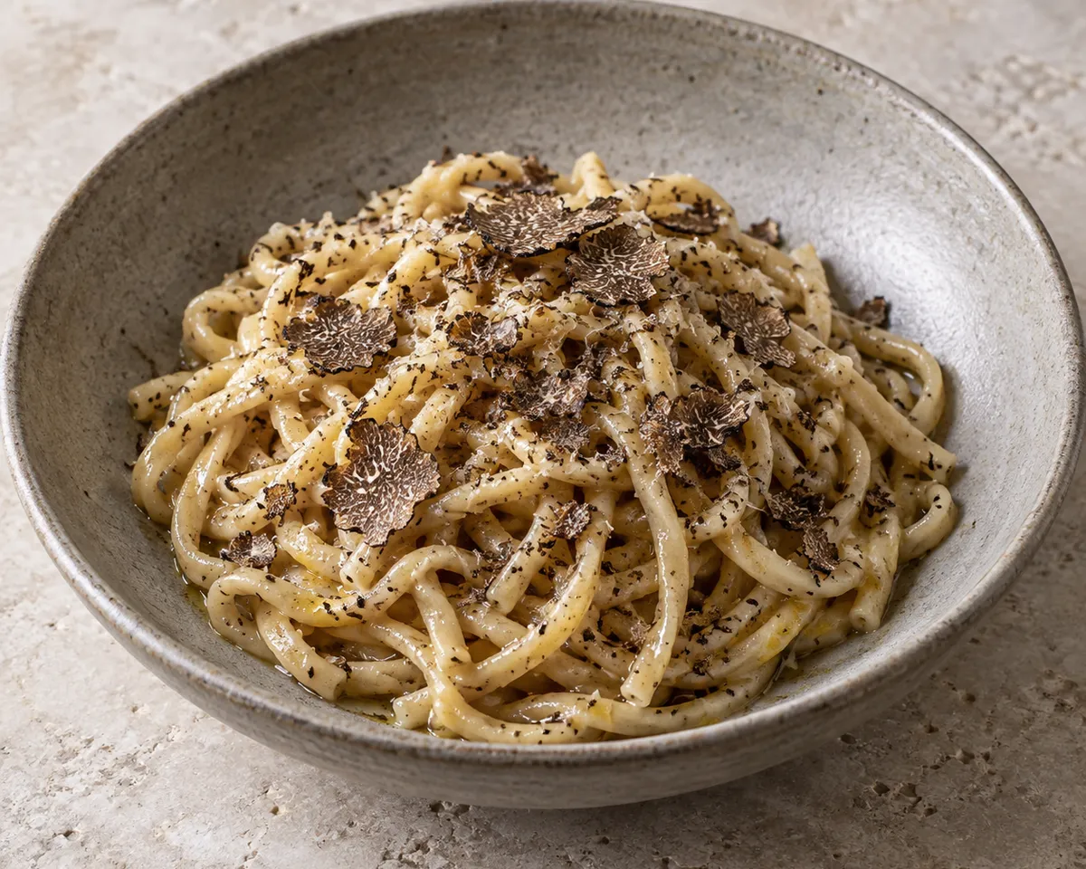 Hand-cut strangozzi with olive oil, grated black truffle, and a few thin truffle shavings.