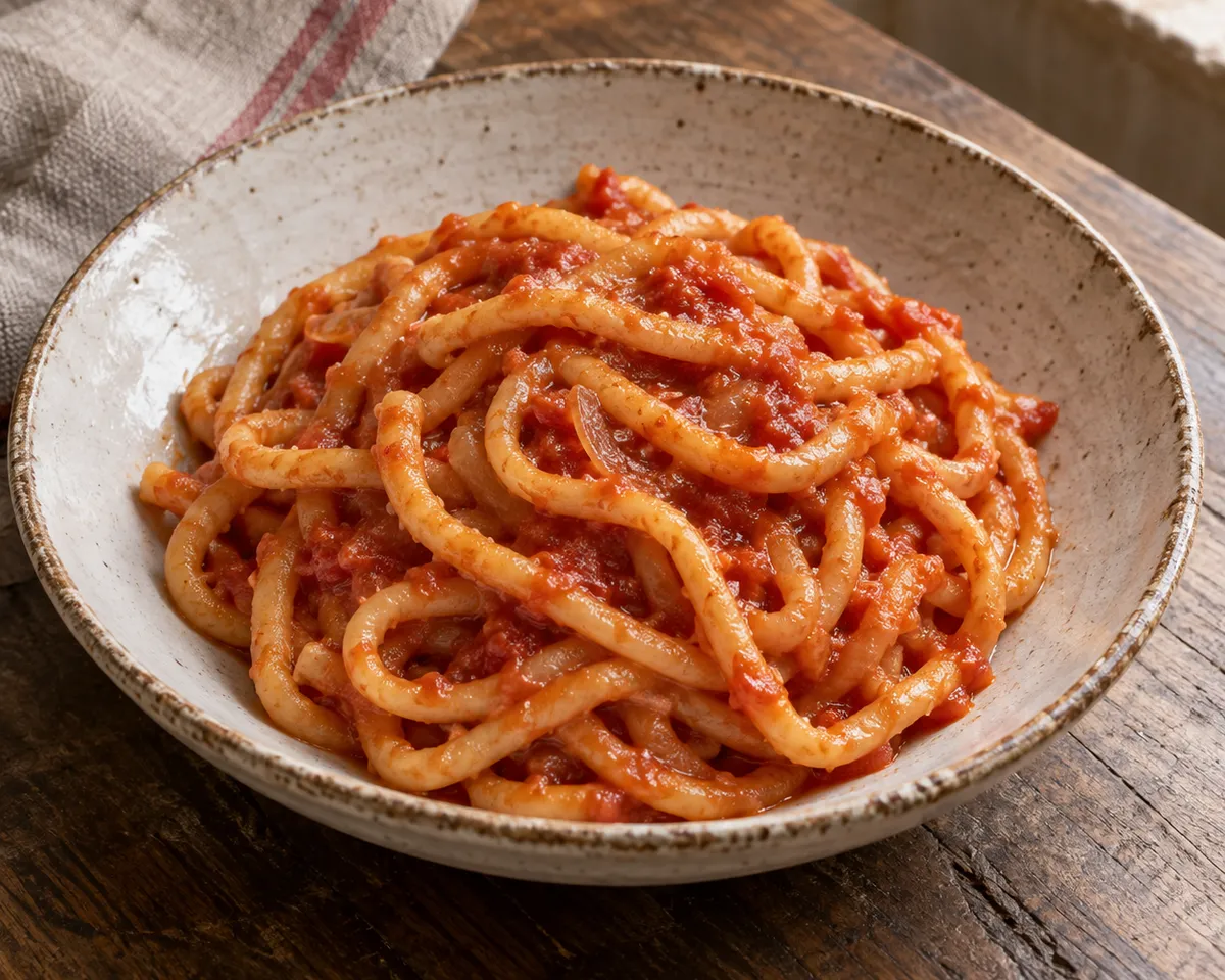 Thick hand-rolled pici loosely tossed in red tomato and aglione sauce on a ceramic plate.