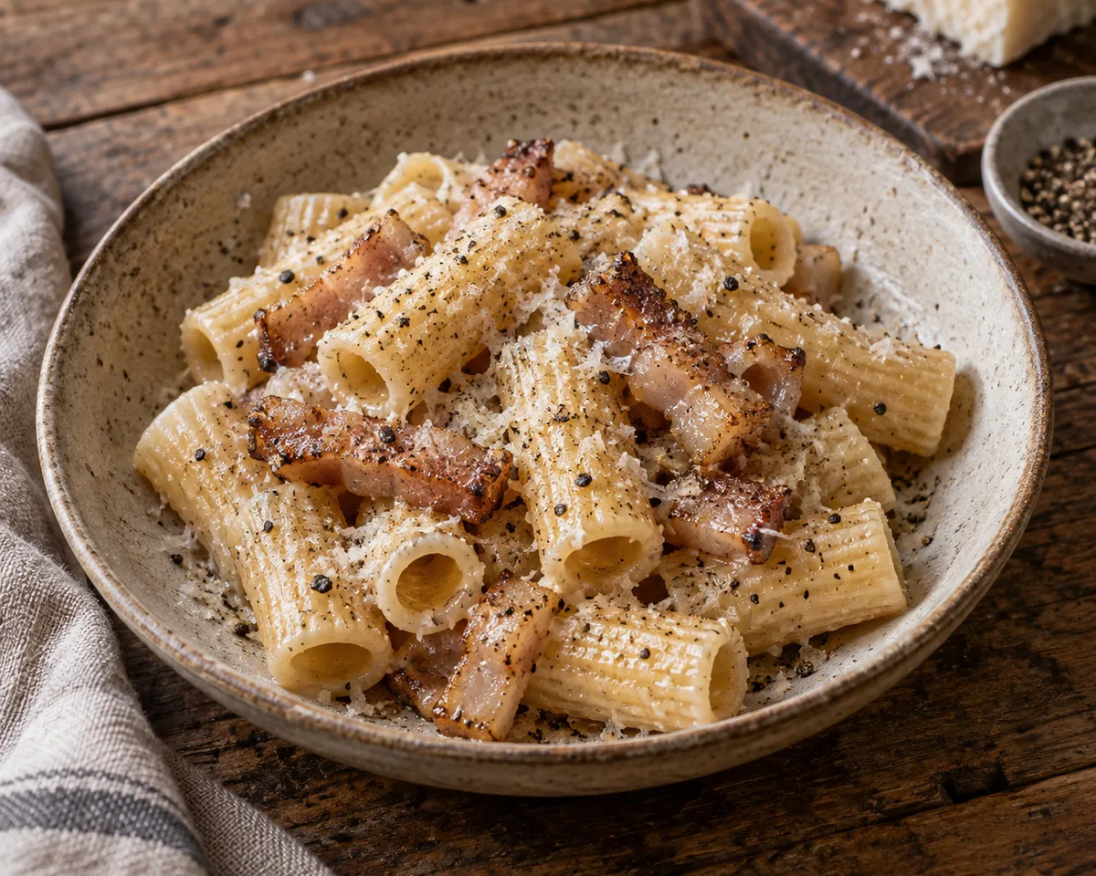 Rigatoni alla gricia with browned guanciale, grated Pecorino Romano and black pepper.