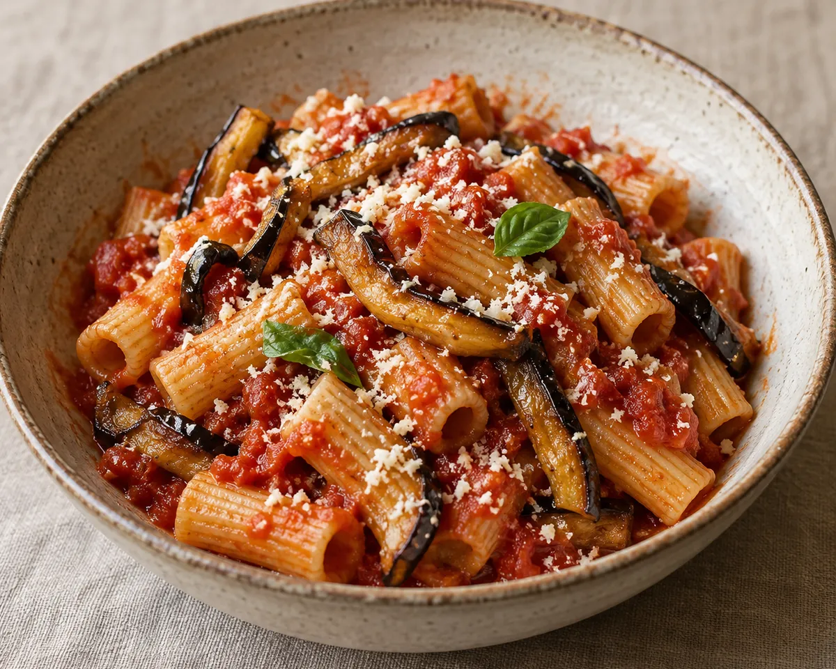 Rigatoni with tomato sauce, fried eggplant strips, grated ricotta salata and basil in a ceramic bowl.