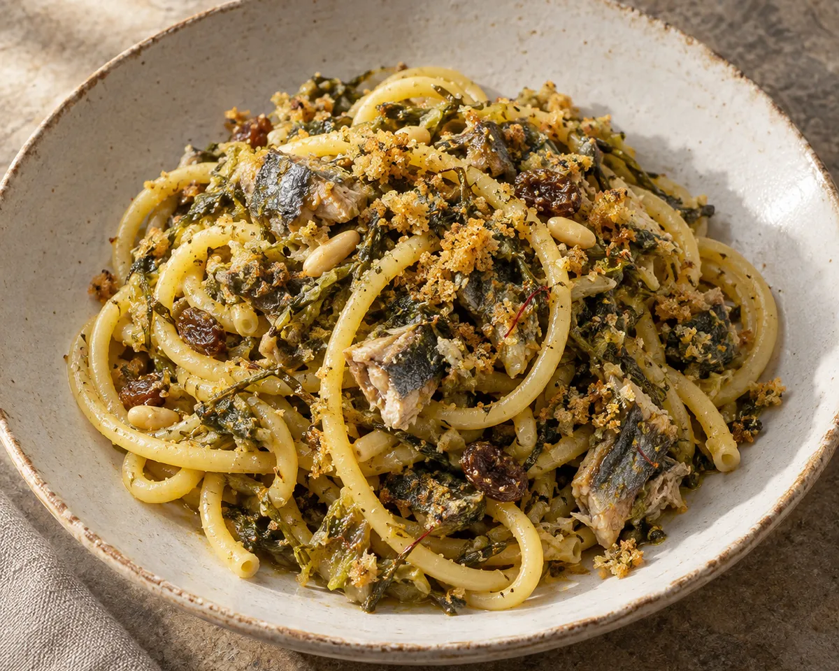 Bucatini with flaked sardines, wild fennel, raisins, pine nuts, and toasted breadcrumbs.