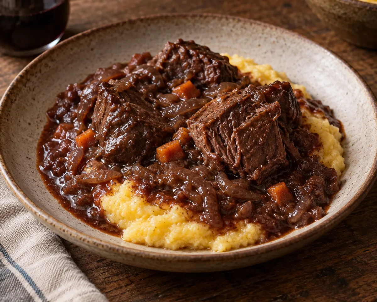 Large pieces of beef shank in dark red-wine and onion sauce over soft yellow polenta.