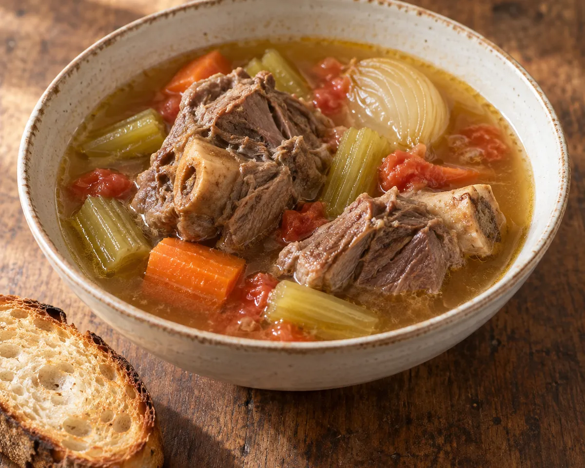 Bone-in mutton with softened carrots, celery and onions in a light broth, with toasted bread beside the bowl.