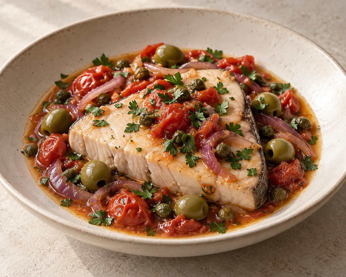 Swordfish steak in tomato sauce with green olives, capers and red onion.