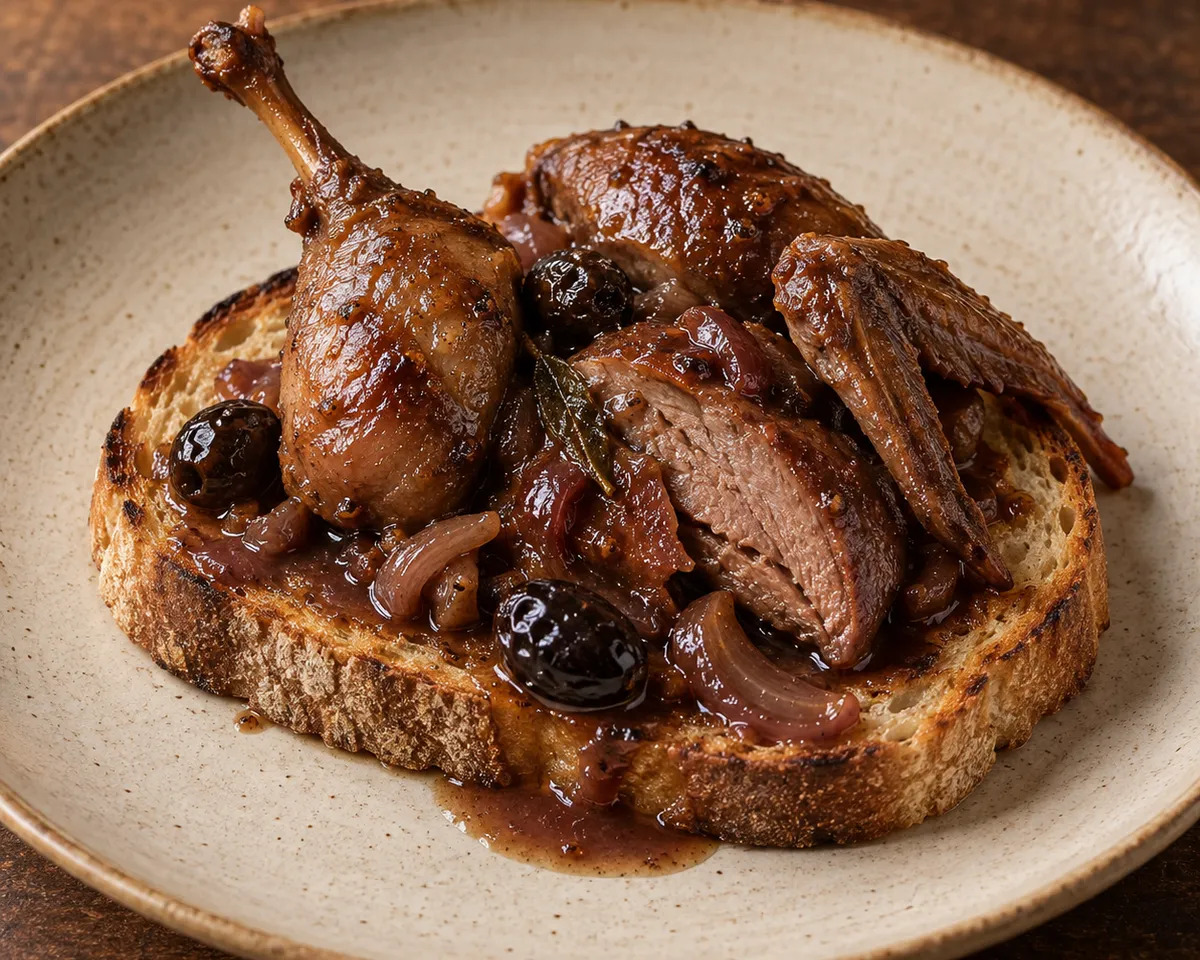 Browned pigeon portions with black olives and wine pan juices on toasted country bread.