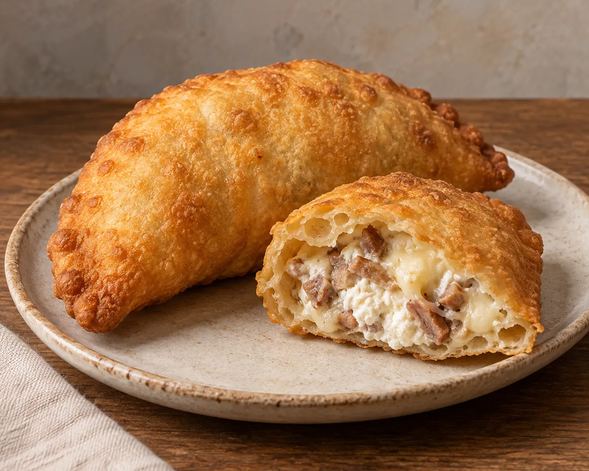 A golden half-moon fried pizza beside a cut piece showing ricotta, melted provola, and cicoli.