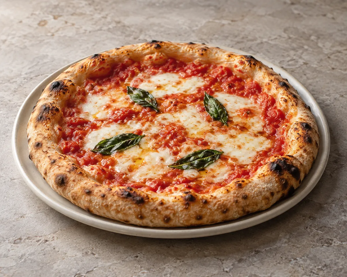 A Neapolitan Margherita with blistered cornicione, tomato, melted mozzarella, and basil on a white plate.
