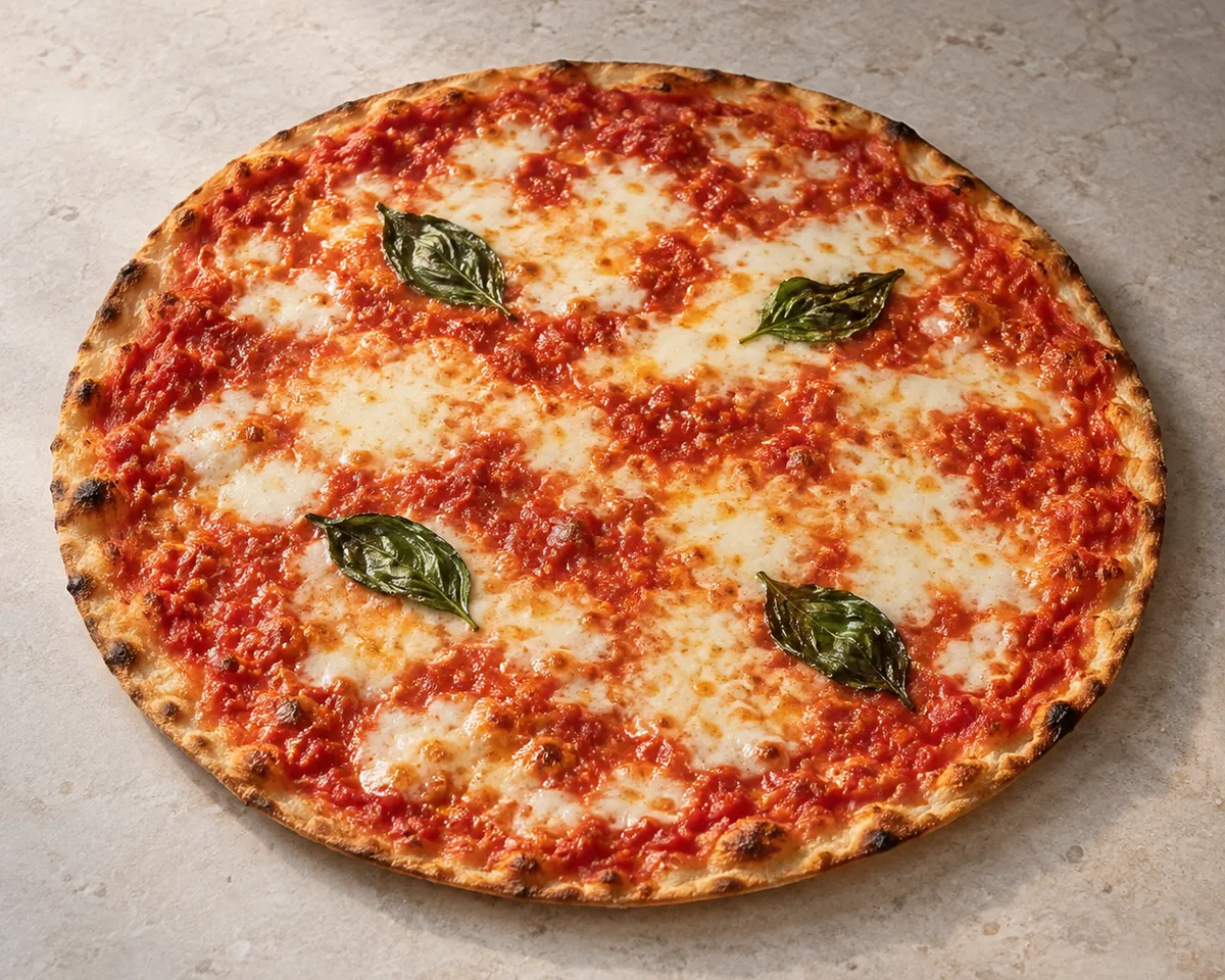Thin Roman pizza with tomato, melted mozzarella, basil and a low crisp rim.