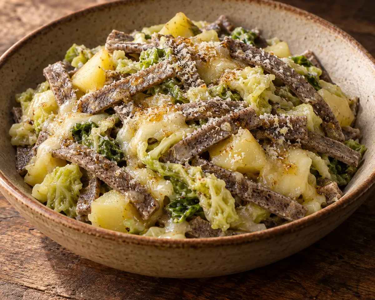 Short buckwheat pasta ribbons with savoy cabbage, potato pieces and melted cheese in a shallow bowl.
