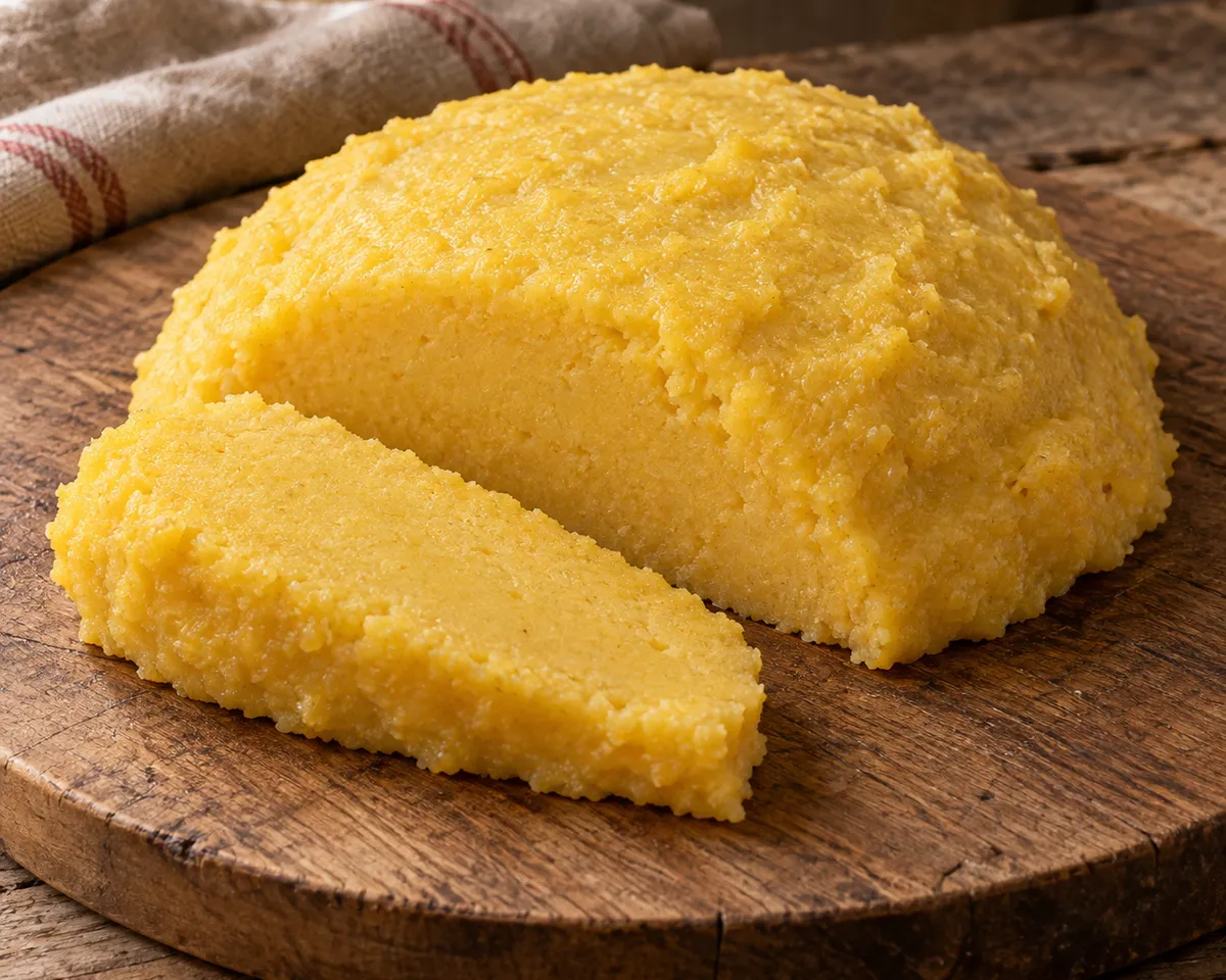 Plain golden polenta on a wooden board, with a thick slice cut from the firm mound.