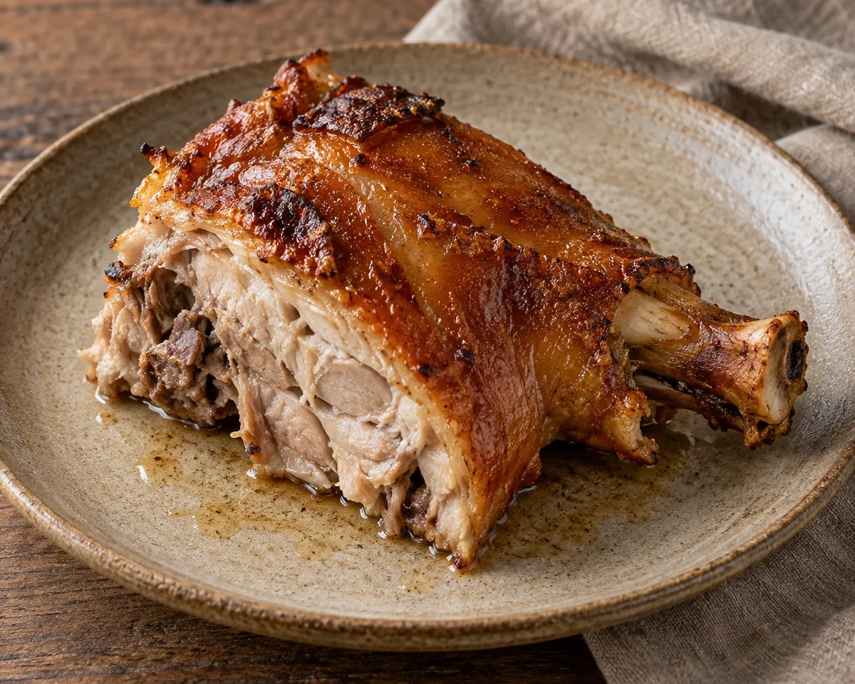 A bone-in serving of porceddu with bronzed skin and pale meat on a rustic plate.