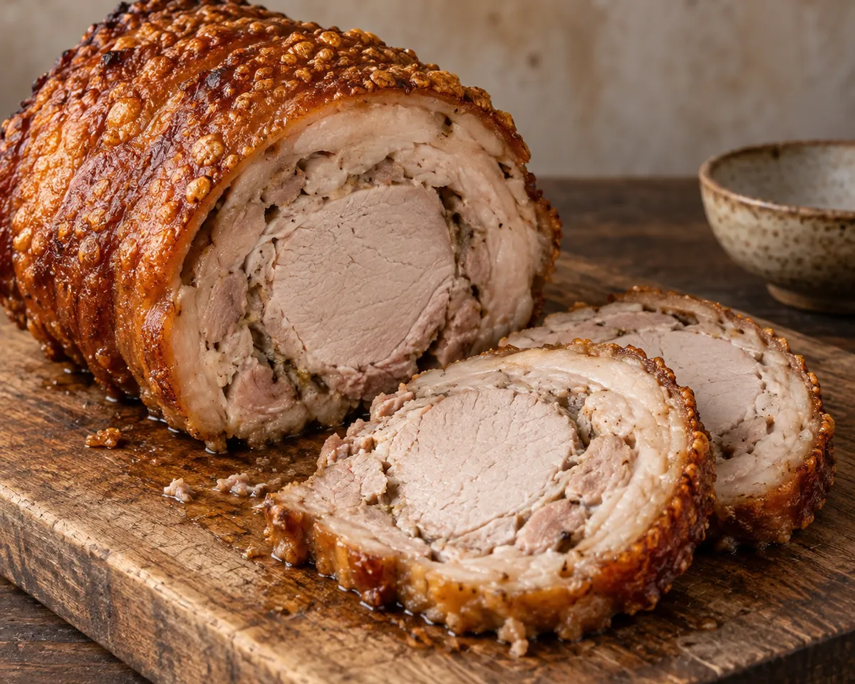 Pork loin wrapped in belly with blistered golden rind, served with two thick slices on a wooden board.