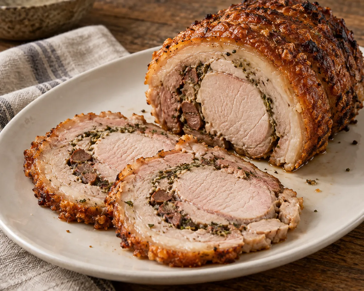 Thin Umbrian porchetta slices beside the remaining roast, showing crisp rind, central pork loin, liver and herbs.