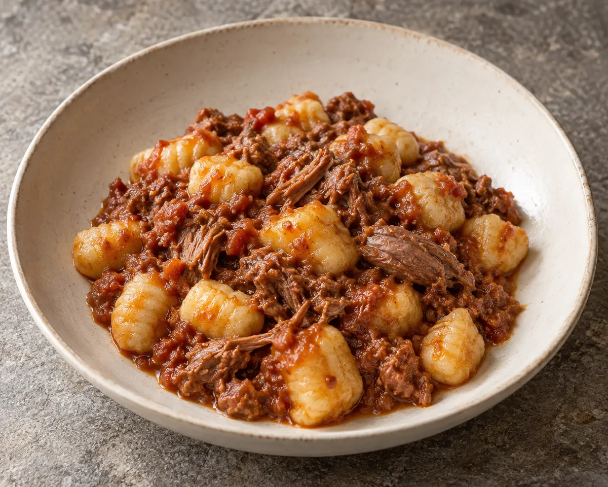 Potato gnocchi coated in red-brown duck ragù with irregular shreds of meat.