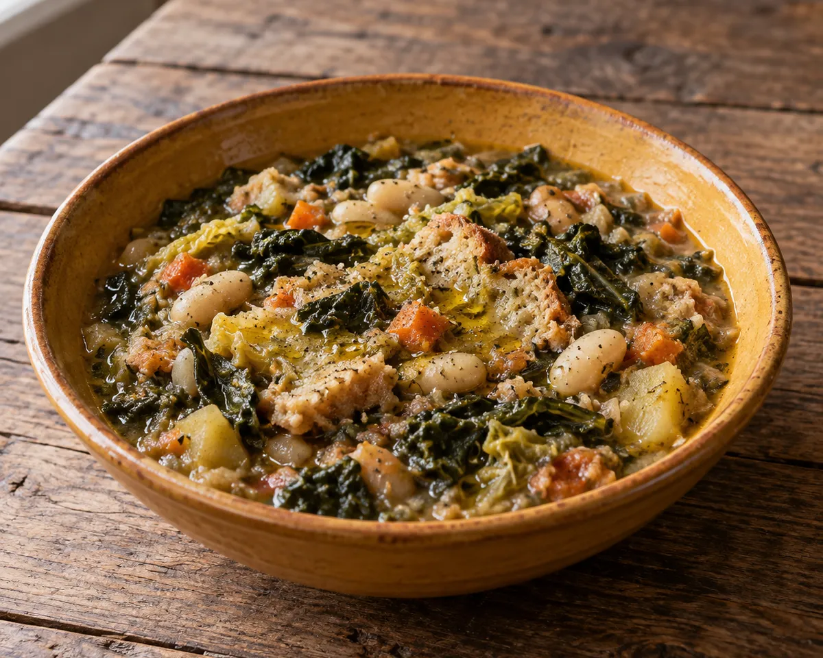 Ribollita with cannellini beans, leafy greens, bread, and vegetables in a glazed brown earthenware bowl.