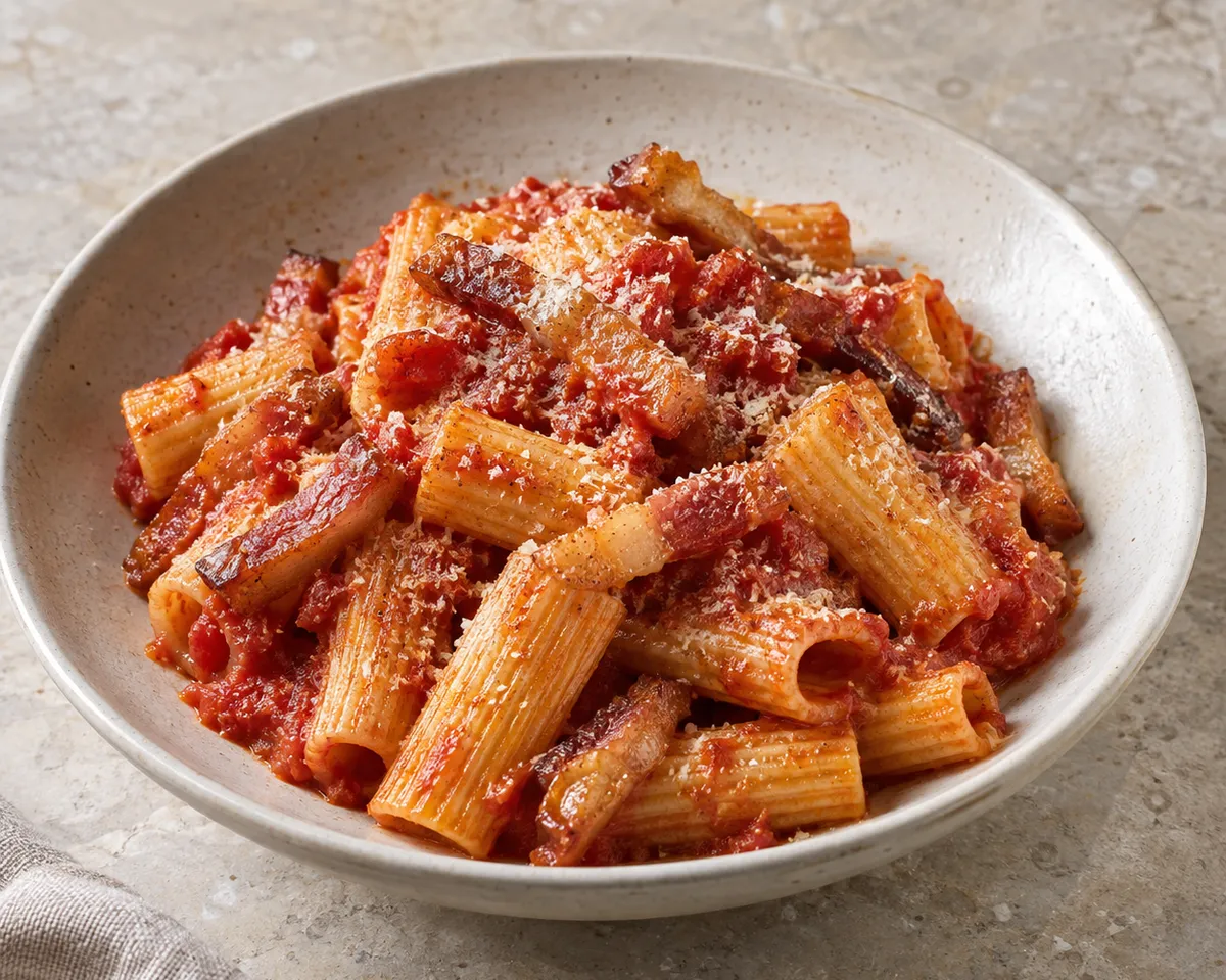 Rigatoni all'amatriciana in tomato sauce with crisp guanciale and grated pecorino in a shallow cream-colored bowl.