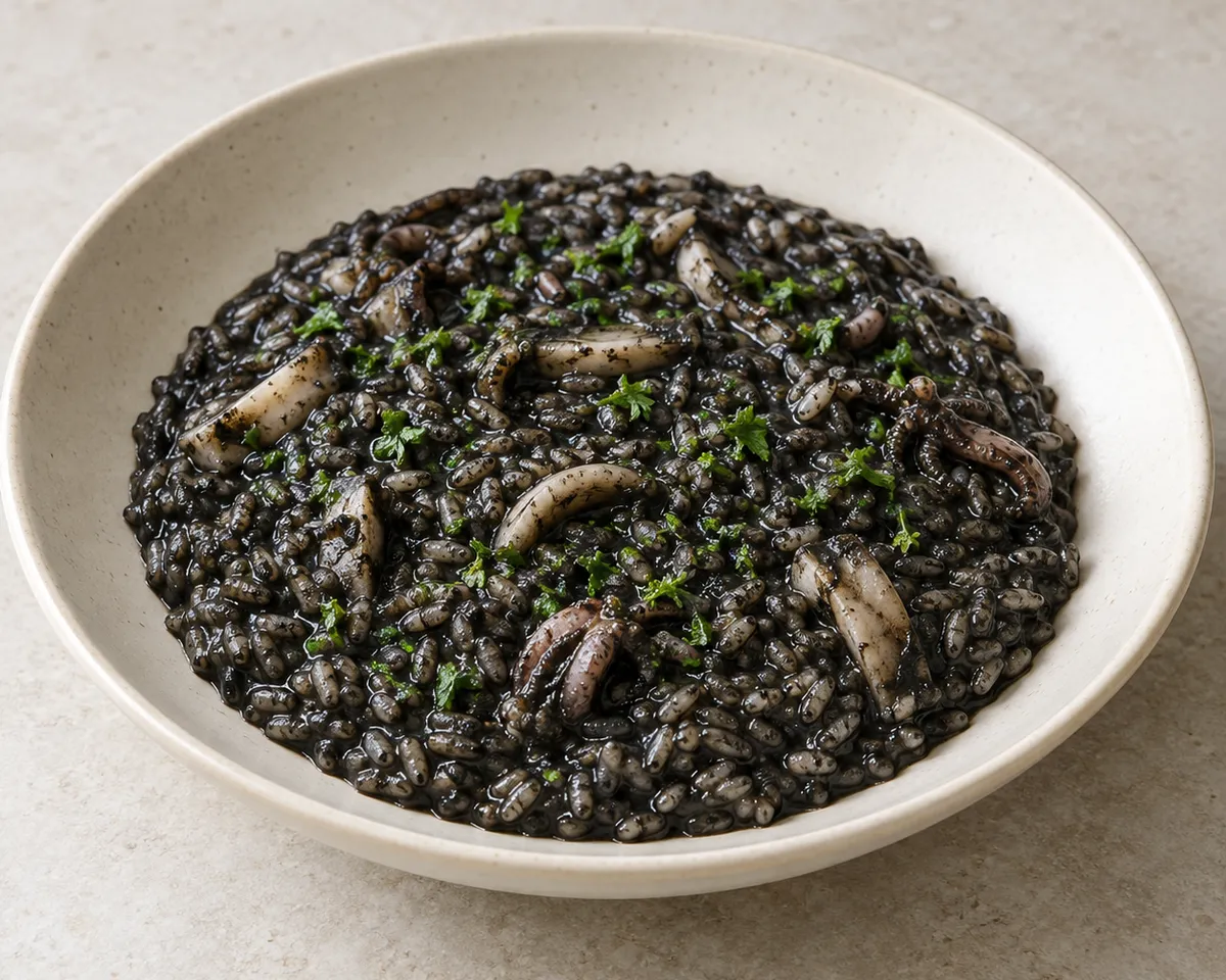 Black cuttlefish-ink risotto with tender cuttlefish pieces and chopped parsley in a shallow ivory bowl.