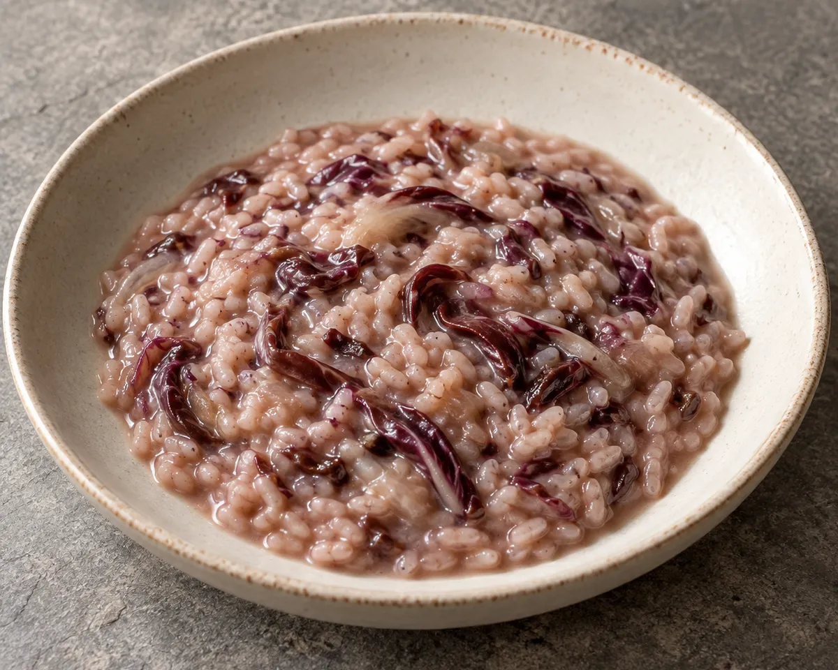Loose, creamy radicchio risotto with distinct rice grains and wilted wine-red radicchio ribbons.