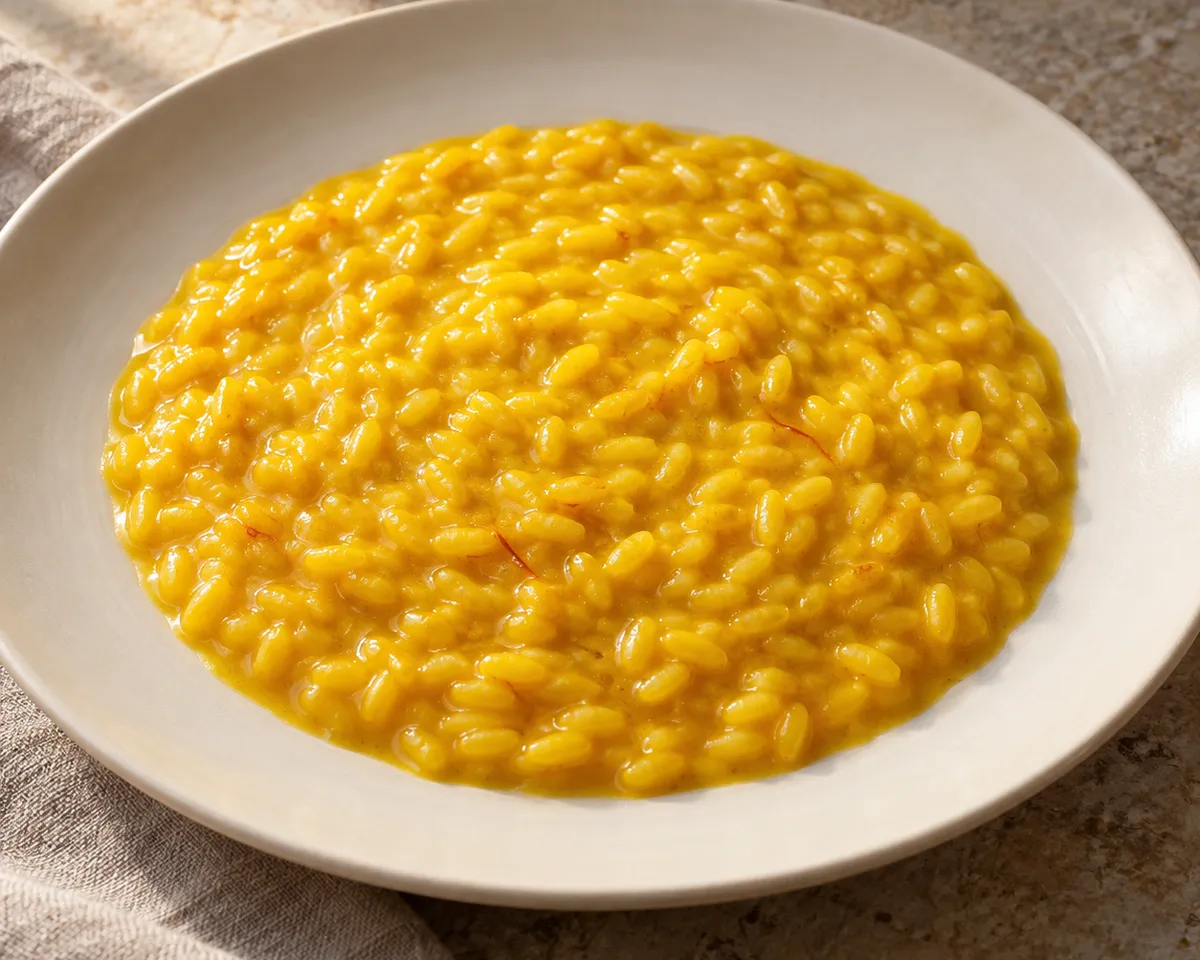 Saffron-yellow risotto alla milanese on a shallow white plate.
