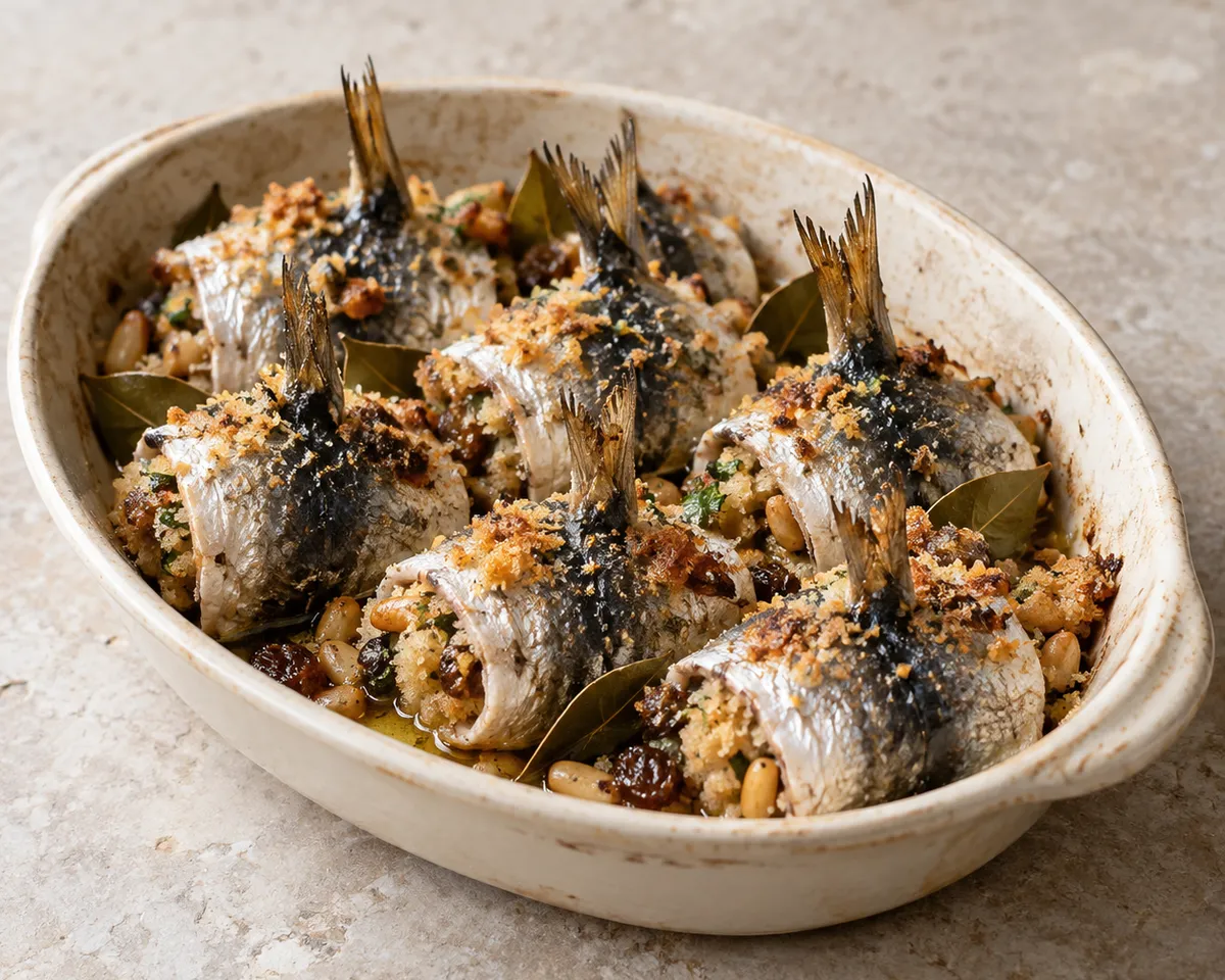 Baked sardine rolls with breadcrumb filling, pine nuts, raisins, and bay leaves in a shallow baking dish.