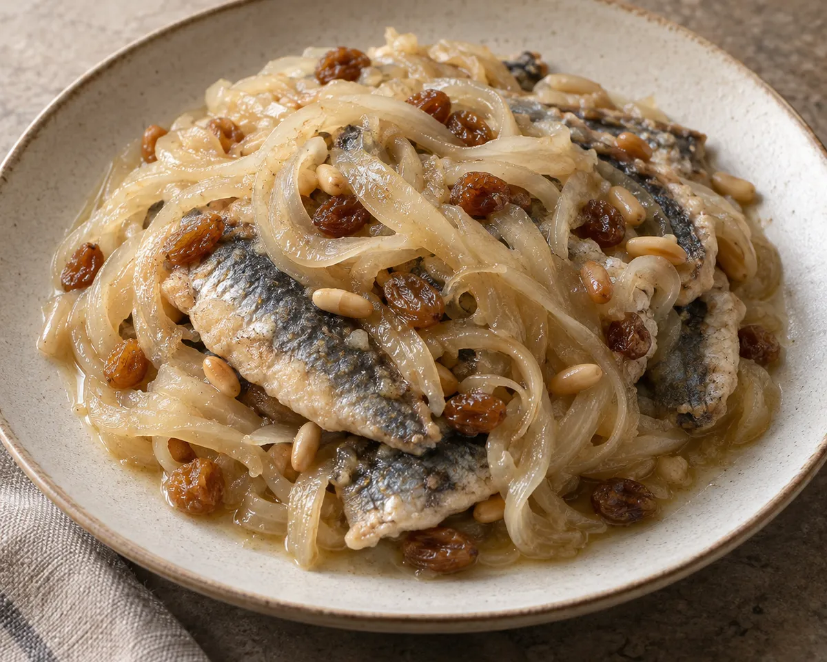 Sardine fillets layered with softened onions, raisins and pine nuts.