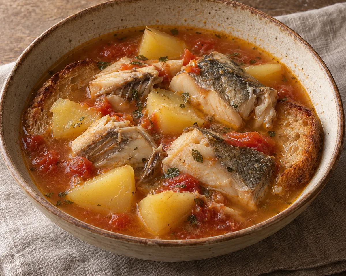 Bone-in lake fish and potatoes in tomato broth over toasted country bread.