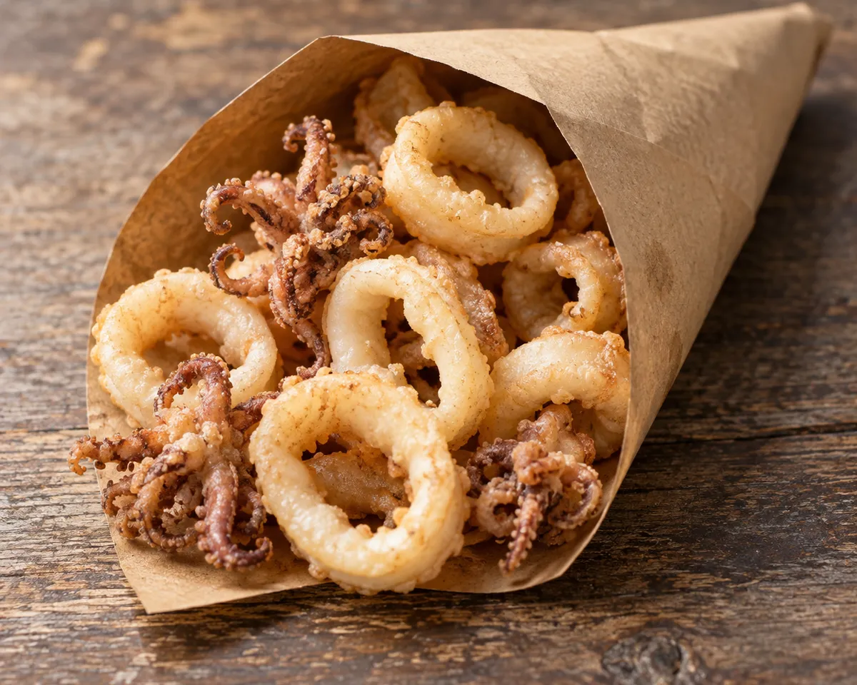 Lightly flour-fried squid rings and tentacles in a plain brown paper cone.