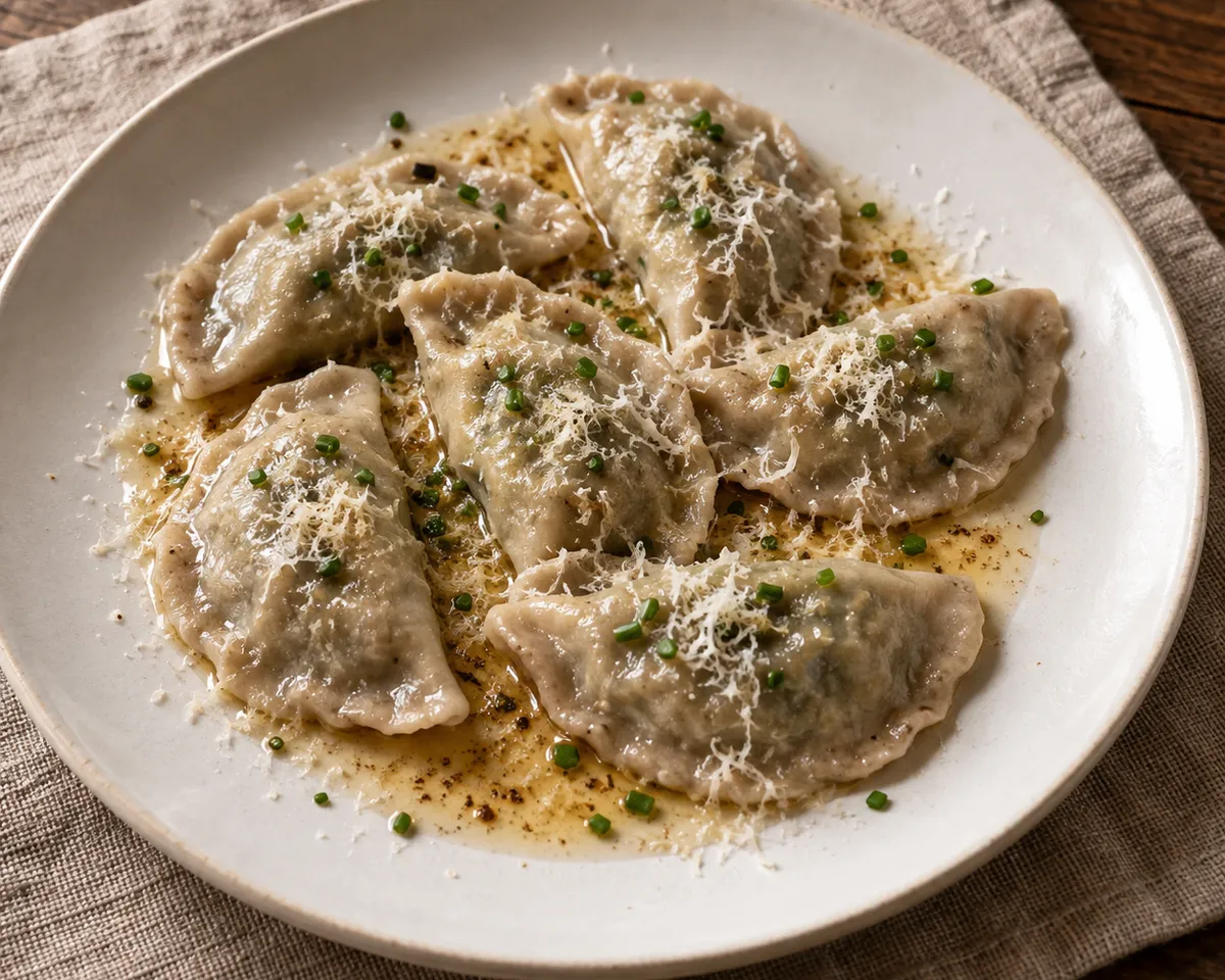 Pale rye-and-wheat Schlutzkrapfen half-moons with spinach filling, brown butter, grated Parmigiano, and chives.