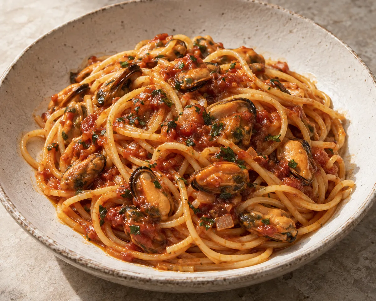 Spaghetti with shelled mussels, concentrated tomato sauce and chopped parsley.