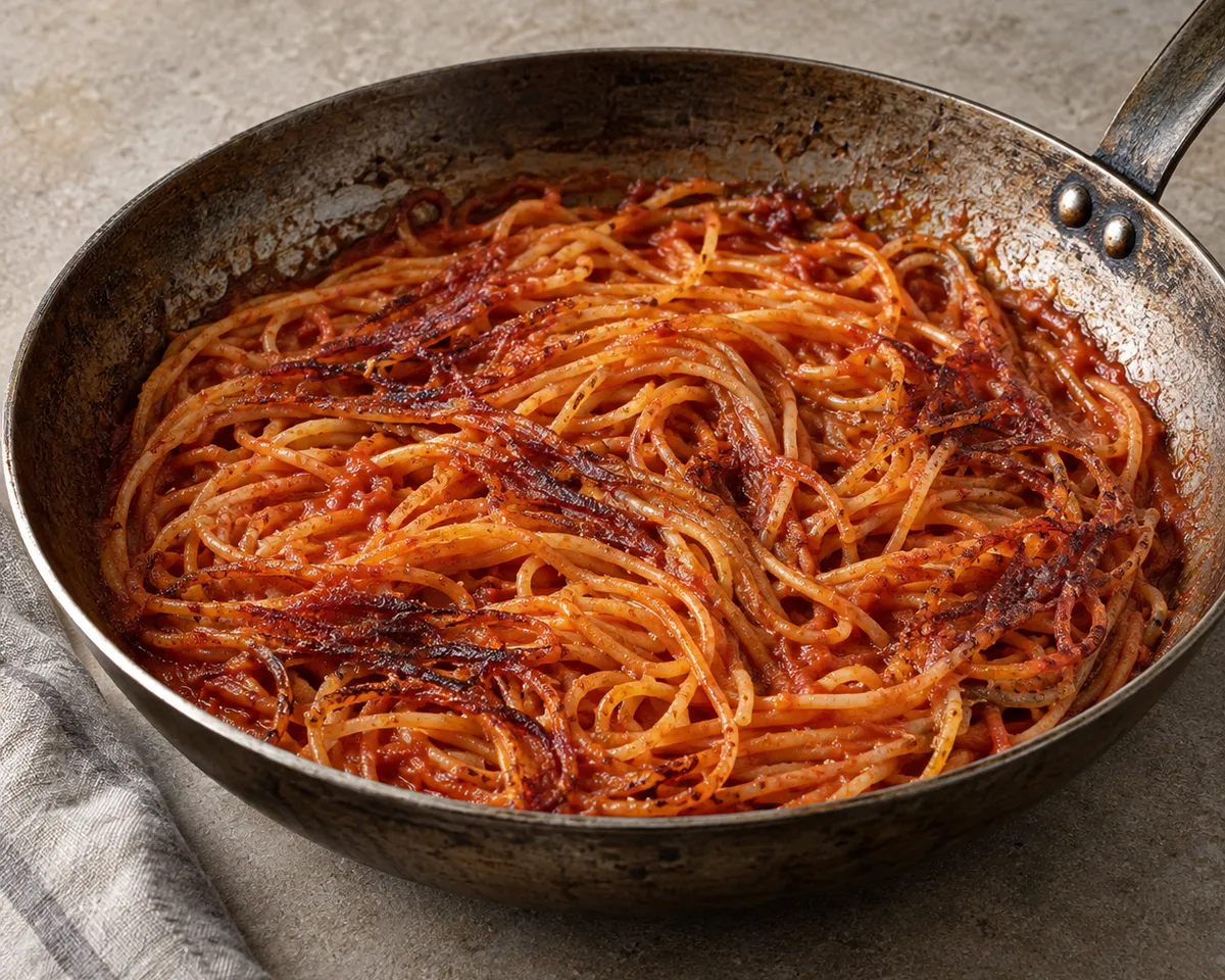 Red-brown spaghetti with crisp seared strands in a seasoned iron pan.