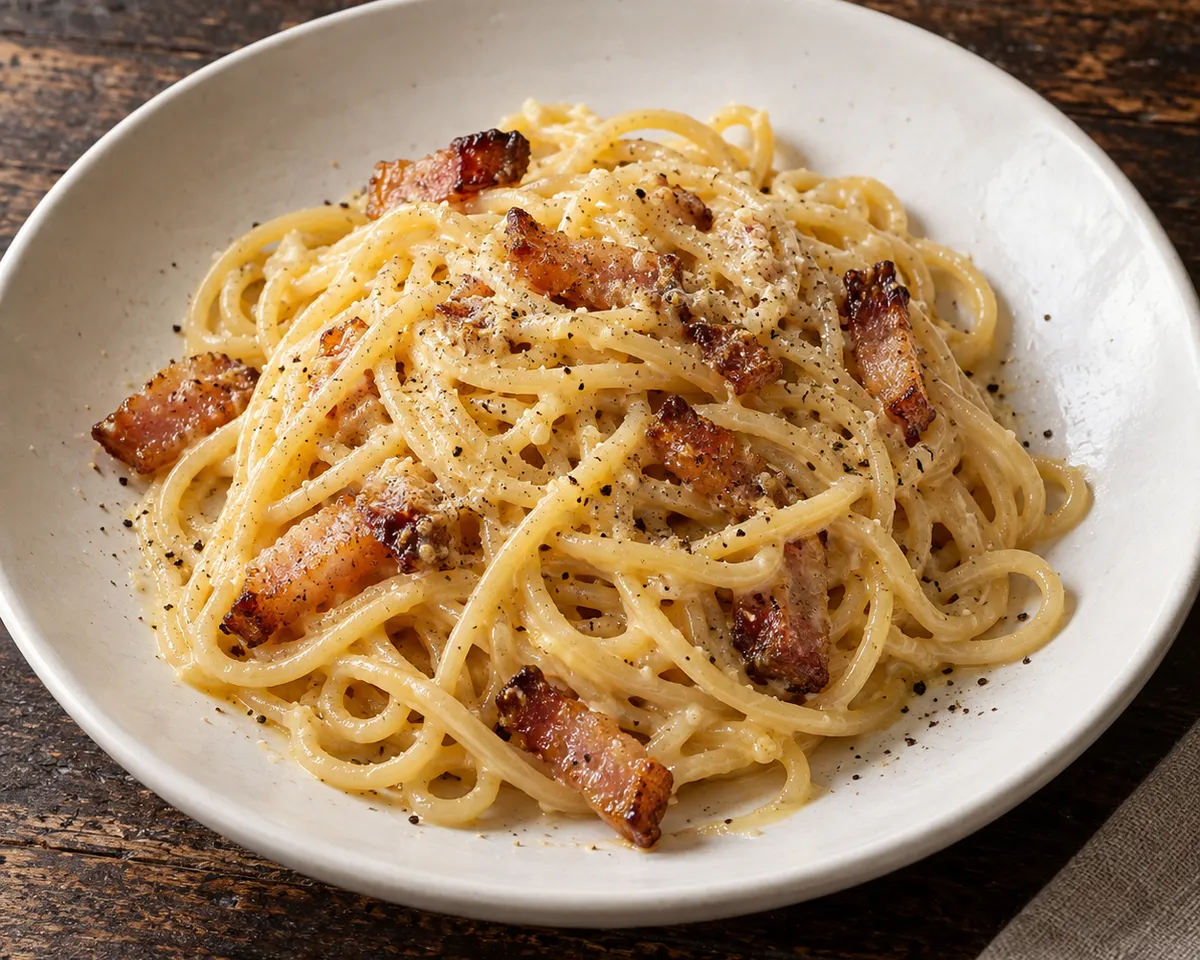 Spaghetti carbonara loosely tossed in a pale yellow sauce with guanciale and black pepper.