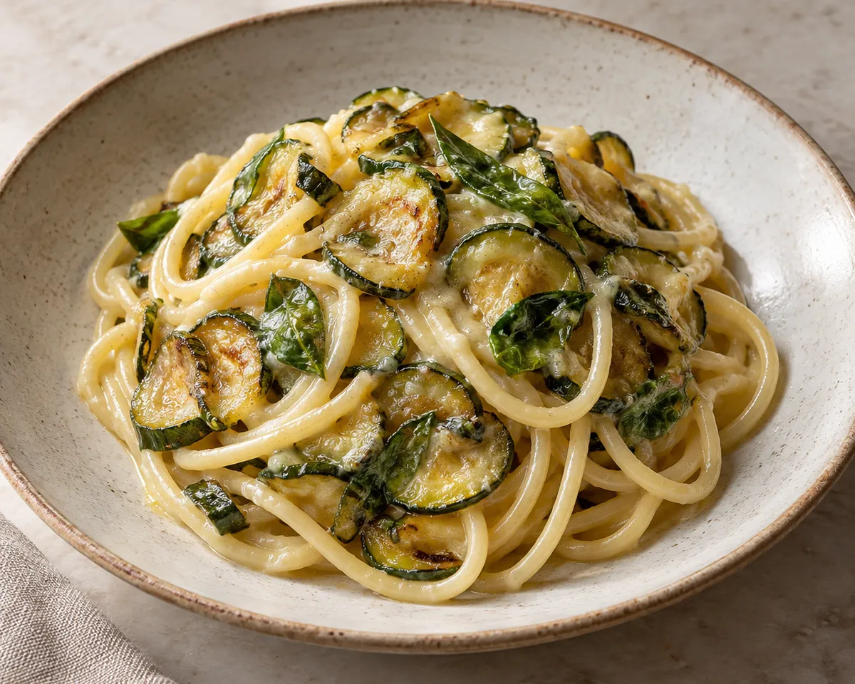 Spaghetti with soft golden zucchini slices, basil and a pale cheese emulsion.