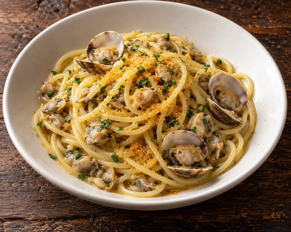 Spaghetti with cooked clams, a few open shells, grated bottarga, and chopped parsley.