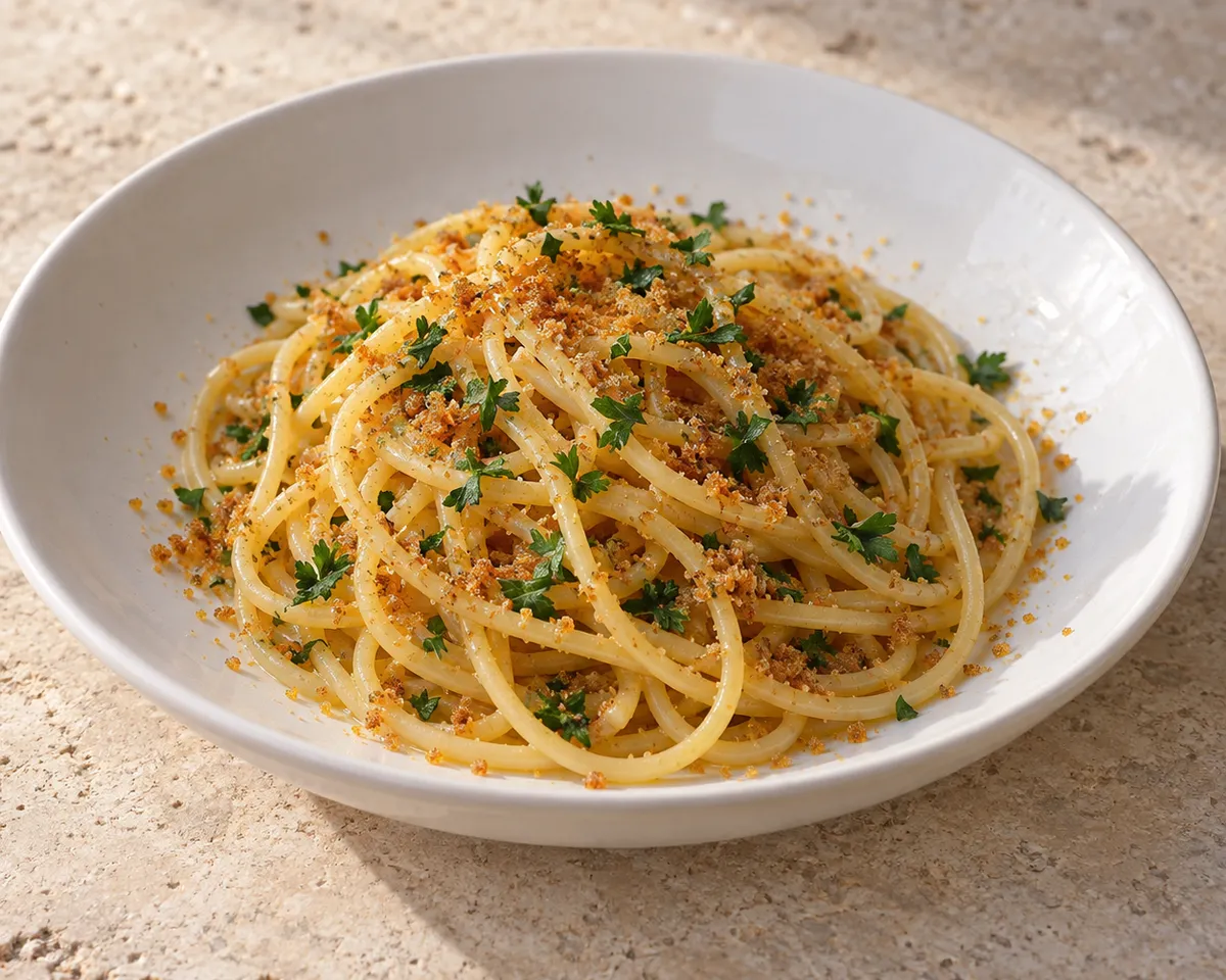 Spaghetti with fine amber tuna bottarga and chopped parsley in a white bowl.