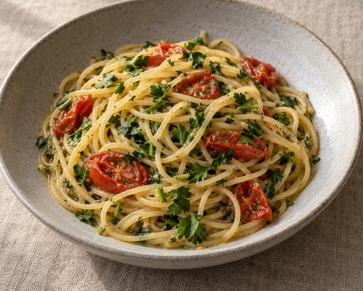 Thin spaghetti with softened cherry tomatoes and abundant parsley in a shallow bowl.
