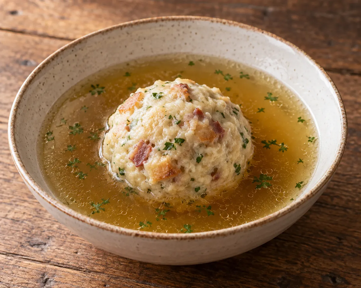 A bread dumpling flecked with speck and parsley in clear golden broth.