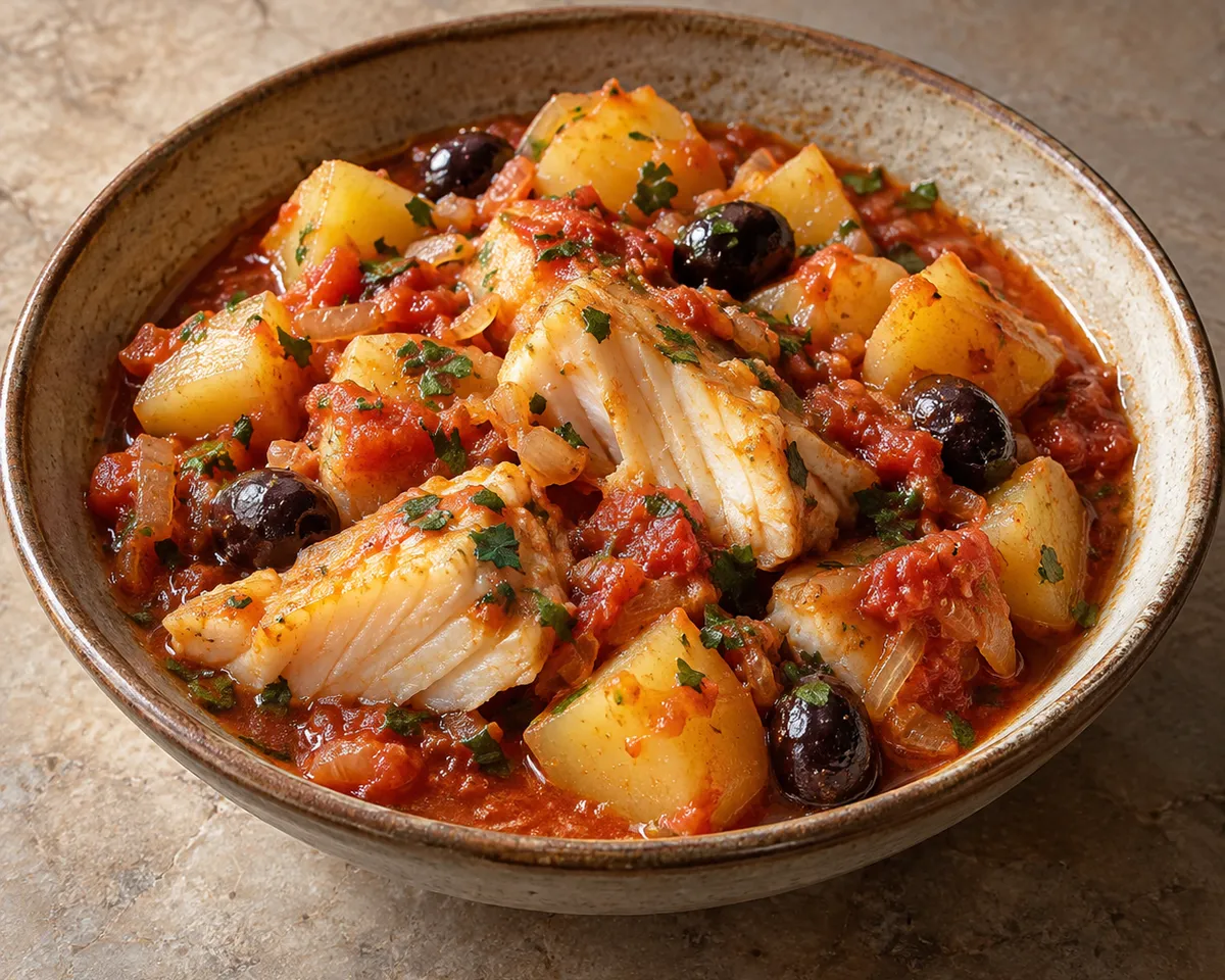 Large white stockfish flakes and potato chunks in a tomato braise with dark olives.